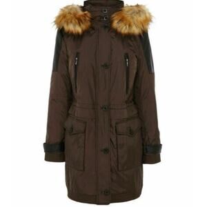 Karen Millen Faux Fur Collar Trim Parka, Size 4, Removable Hood, Warm & Stylish